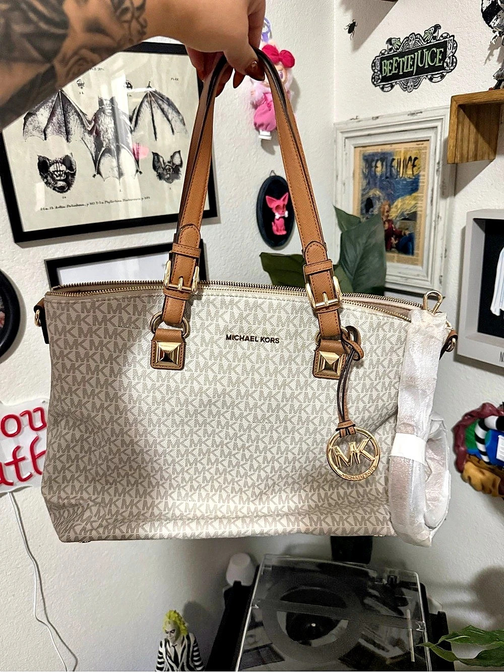 Michael Kors Karla Large Multi-Function Tote Brown & White